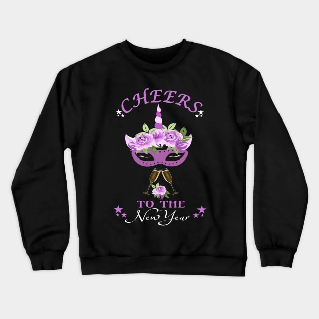 Cheers To The New Year Pink Unicorn With Mask Toasting Crewneck Sweatshirt by Kimmicsts